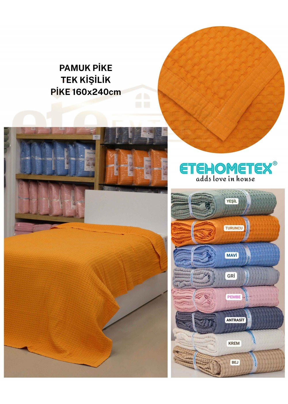 ETEHOMETEX HAVUZLU PİKE TEK KİŞİLİK 160X240CM TURUNCU 8696474232078